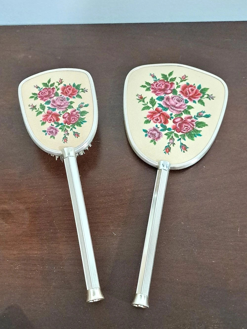 Vintage Floral Hand Mirror & Hairbrush Made In England. Romantic.